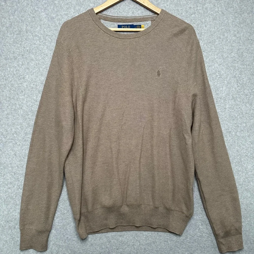 Polo Ralph Lauren Mens Brown Birds Eye Knit Cotton Crewneck Sweater Large NEW